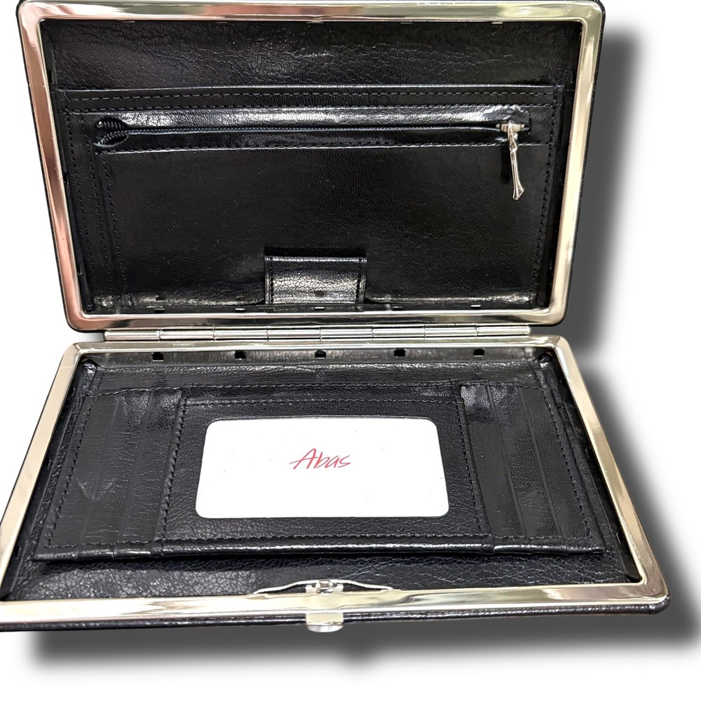 Vintage Abas Black Leather Frame Cache Wallet Silver Hardware Hard Shell - Picture 2 of 9